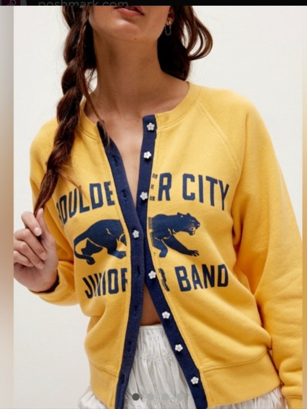 Free People Boulder City Junior Band Sweatshirt Cardigan Flower Buttons Medium